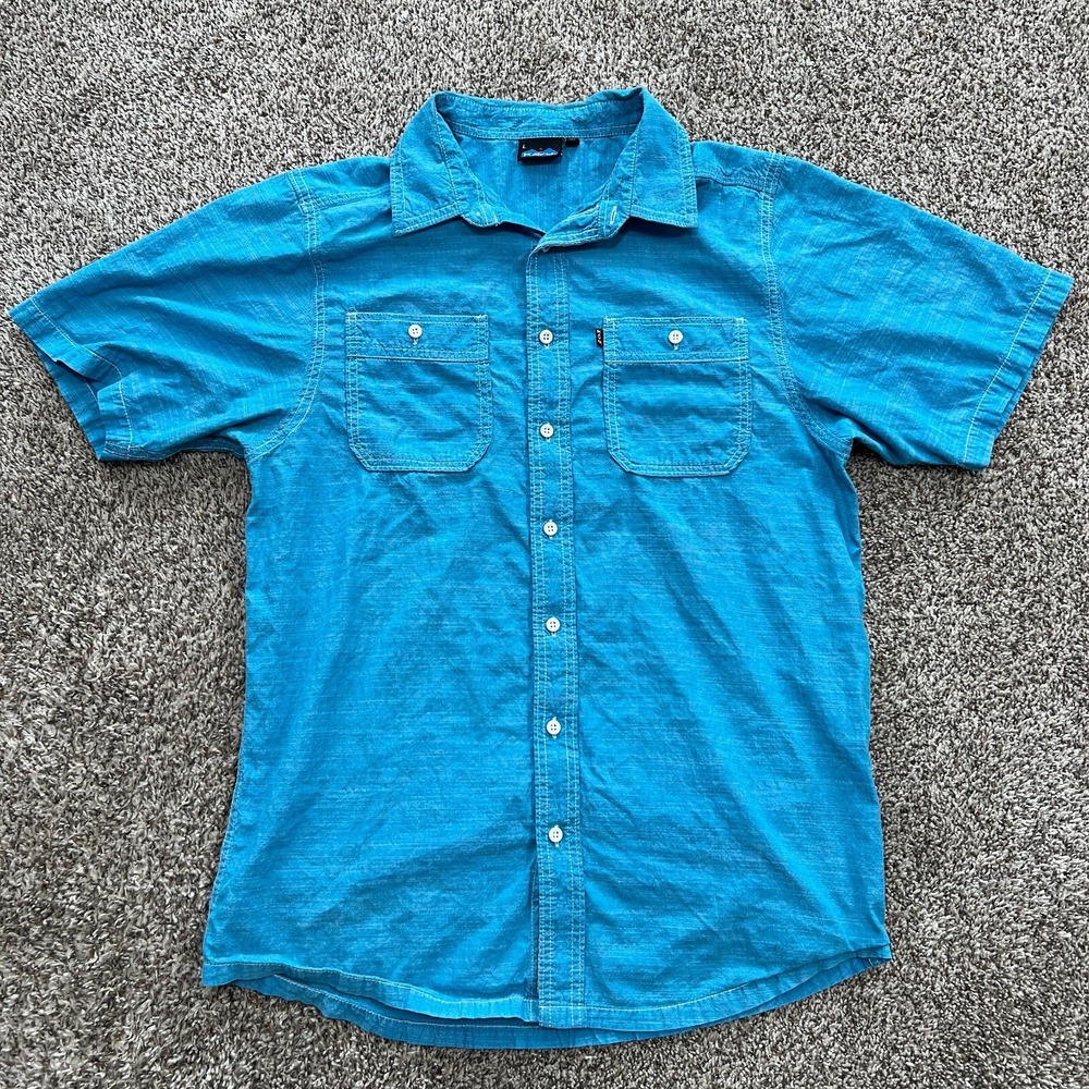 KAVU Shirt Mens L Blue 100% Cotton Short Sleeve Button Front Casual White Stitch